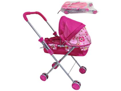 Kočárek skládací růžový pro panenku miminko kovová konstrukce
