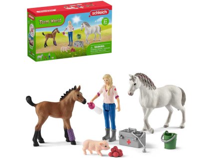 SCHLEICH Návštěva lékaře u klisny a hříběte herní set 2 koníci s doplňky