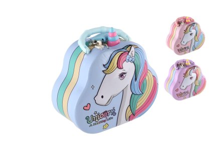 Pokladnička kabelka jednorožec plechová se zámkem 15x14cm 3 barvy v plastové krabičce