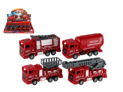 Auto hasiči plast 11cm na zpětné natažení 4 druhy 12ks v boxu