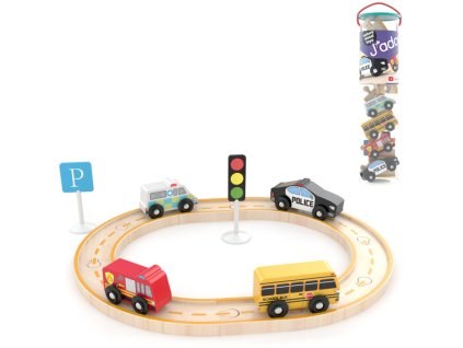 DŘEVO Autíčka městská vozidla 4ks set s dráhou *DŘEVĚNÉ HRAČKY*