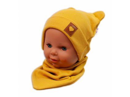 Baby Nellys Žebrovaná dvouvrstvá čepice s oušky + šátek TEDDY - hořčicová