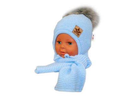 BABY NELLYS Zimní čepička s šálou - chlupáčková bambulka - sv. modrá/šedá