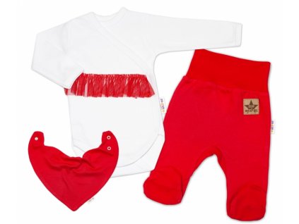 Baby Nellys 3-dílná sada Body dl. rukáv s tutu, šátek, polodupačky, červená, bílá