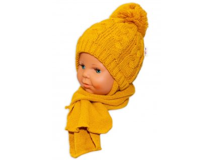 BABY NELLYS Zimní pletená čepička s šálou Baby Bear - hořčicová s bambulkou