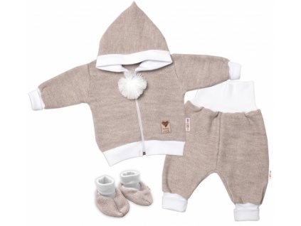 Baby Nellys 3-dílná souprava Hand made, pletený kabátek, kalhoty a botičky, béžová