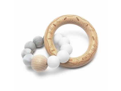 Silikonové kousátko Donut Mimijo na dřevěném kroužku - bílo/šedý