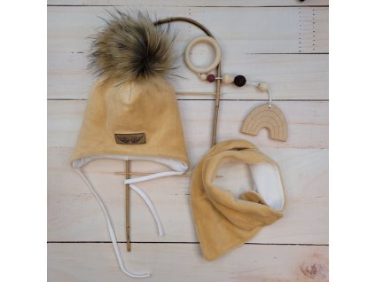 Zimní dvouvrstvá čepice na zavazování s bambulí z kožešinky + šátek Z&amp;Z, béžová