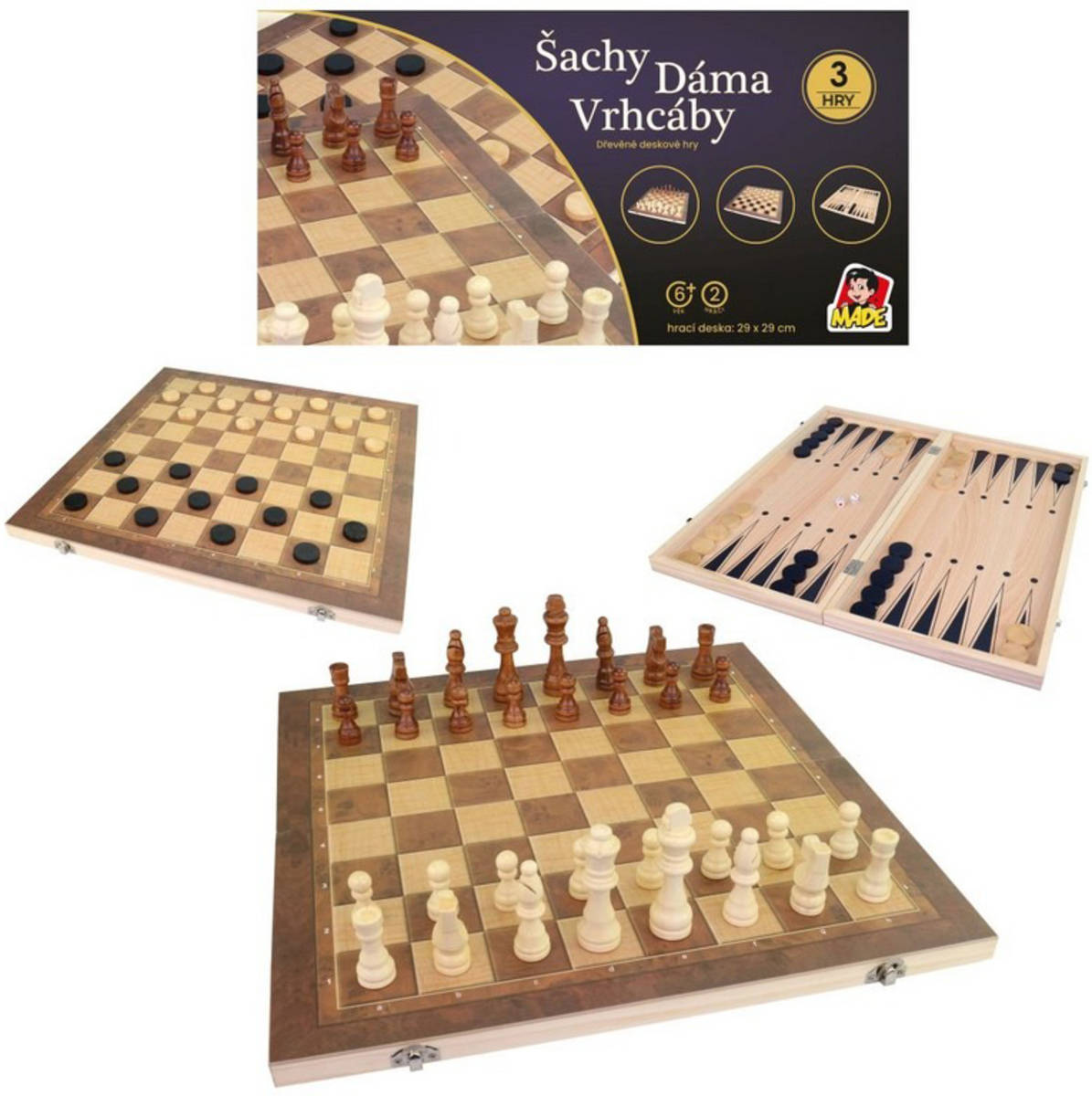 DŘEVO Hra Šachy Dáma Backgammon 30x30cm 3v1 *SPOLEČENSKÉ HRY*