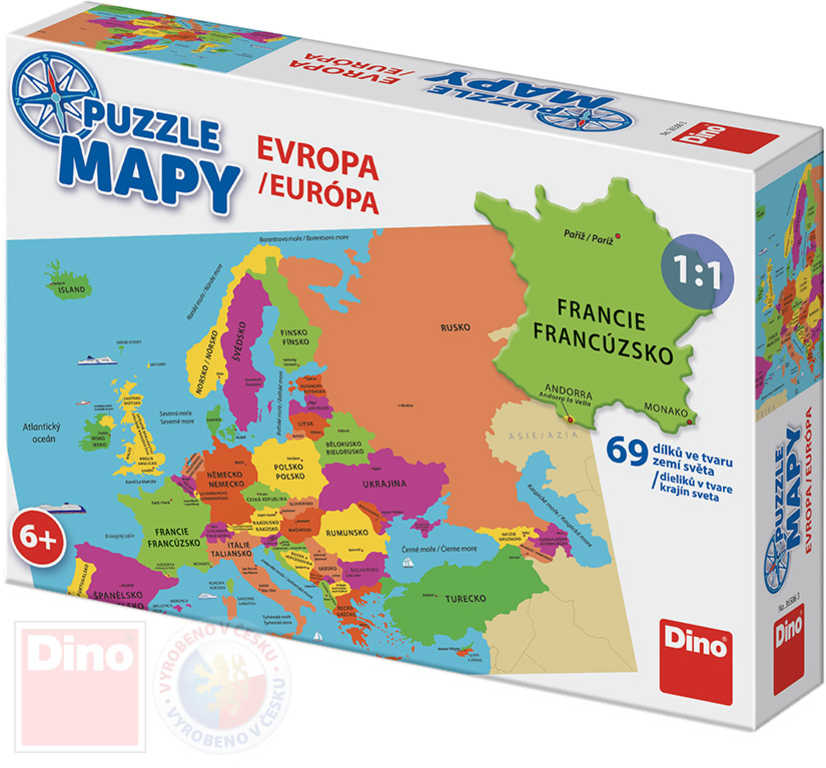 DINO Puzzle Mapa Evropy 69 dílků státy a hlavní města 66x47cm skládačka