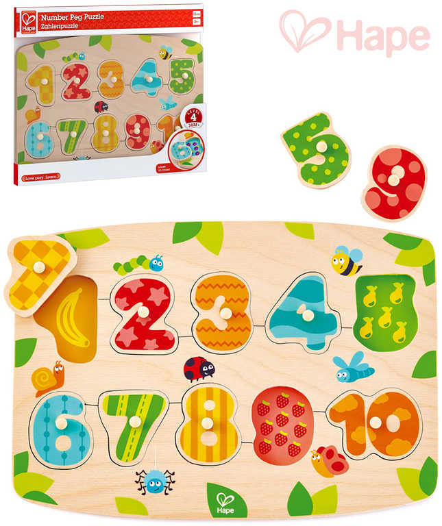 HAPE DŘEVO Baby čísla na desce puzzle vkládací s úchyty 10 dílků pro miminko