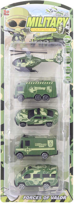 Vojenské army dopravní prostředky set 4 auta + helikoptéra 4-7cm plast