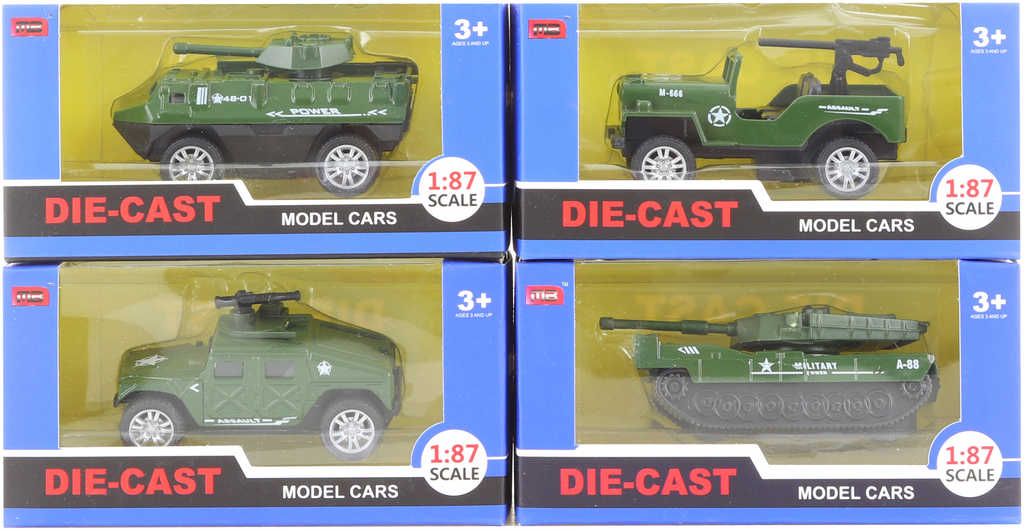 Auto army vojenské kovové 1:87 tank 4 druhy v krabici