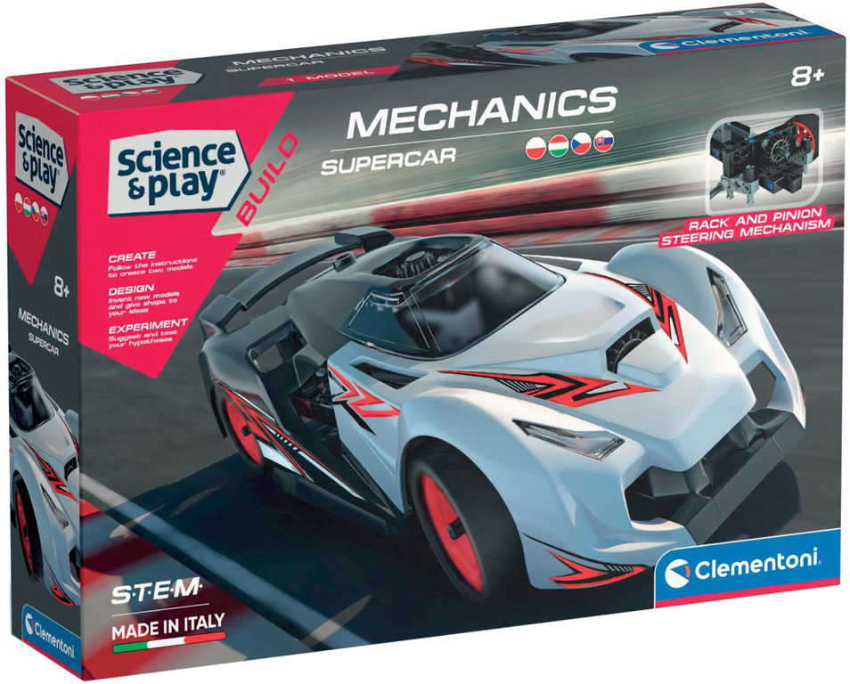 CLEMENTONI Mechanická laboratoř Závodní auto Supercar 100 dílků STAVEBNICE