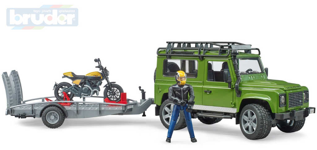 BRUDER 02589 Auto Land Rover set s přívěsem a motoycklem Ducati s figurkou jezdce