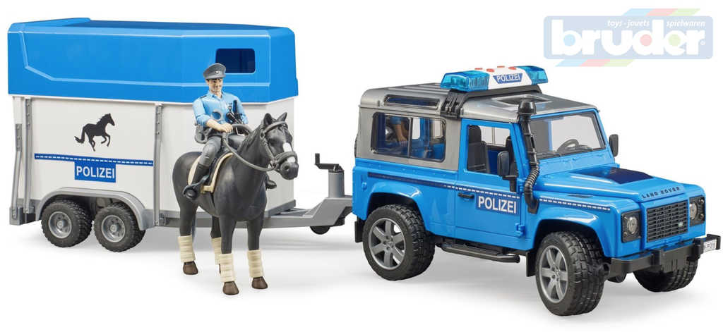 BRUDER 02588 Auto Land Rover policie s přepravníkem set s koněm a figurkou