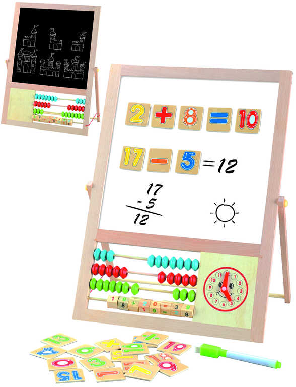 DŘEVO Tabule dřevěná oboustranná magnetická s počítadlem set s křídami a fixou