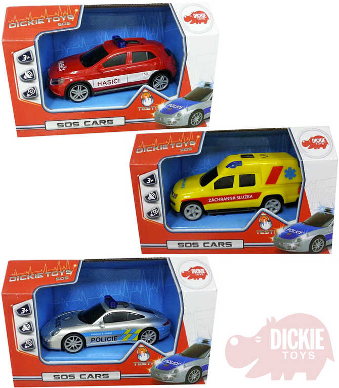 DICKIE SOS Auto CZ 1:36 záchranné složky 15cm na setrvačník 3 druhy Světlo Zvuk