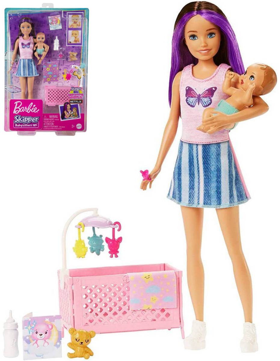 MATTEL BRB Panenka Barbie chůva set s miminkem a doplňky na spinkání