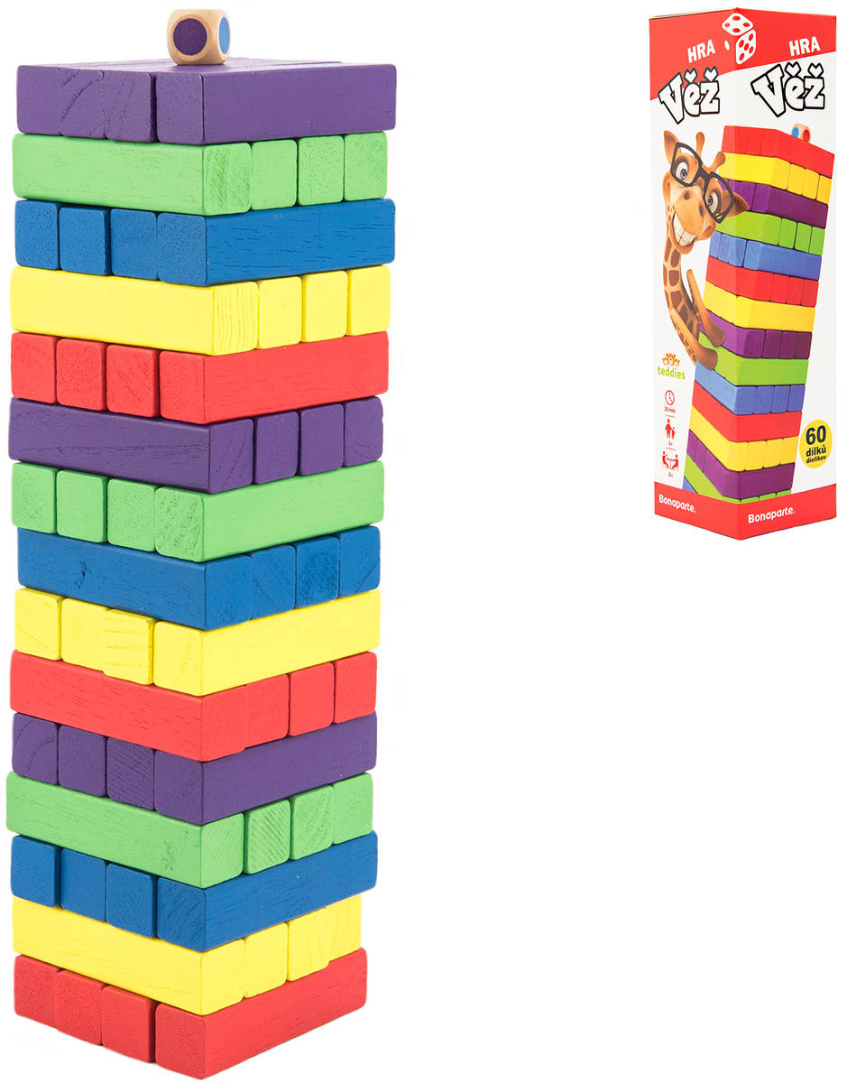 BONAPARTE DŘEVO Hra věž Jenga barevná 60 dílků *SPOLEČENSKÉ HRY*