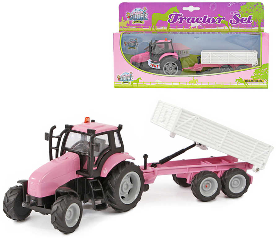 Traktor kovový růžový set s vlečkou 25cm na baterie Světlo Zvuk