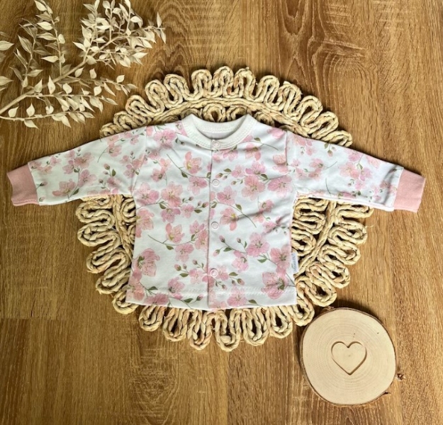 Novorozenecká bavlněná košilka, kabátek, Mamatti, Květy višní - smetanovo/pudrová Velikost koj. oblečení: 62 (2-3m)