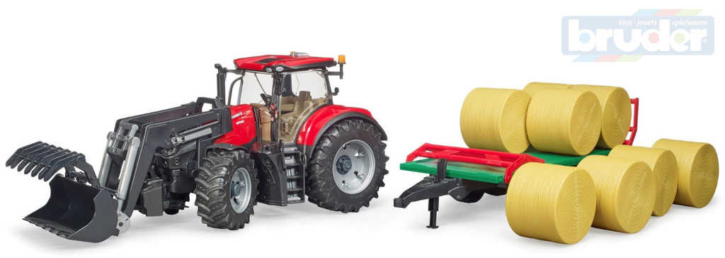 BRUDER 03198 Set traktor CASE IH Optum 300 CVX + čelní nakladač a přepravník balíků