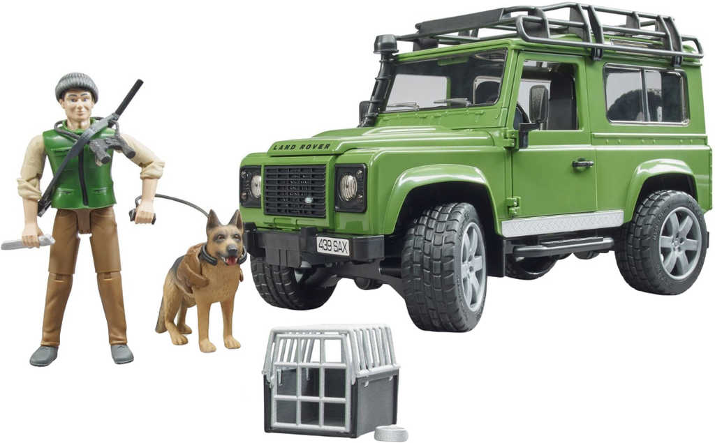 BRUDER 02587 Set auto Land Rover Defender + figurka lovec se psem