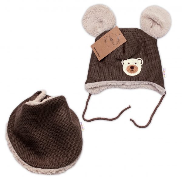 Pletená zimní čepice s kožíškem a šátkem Teddy Bear, Baby Nellys, hnědá Velikost koj. oblečení: 56-62 (0-3m)