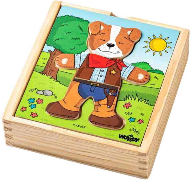 WOODY DŘEVO Baby puzzle šatní skříň pejsek 18 dílků *DŘEVĚNÉ HRAČKY*