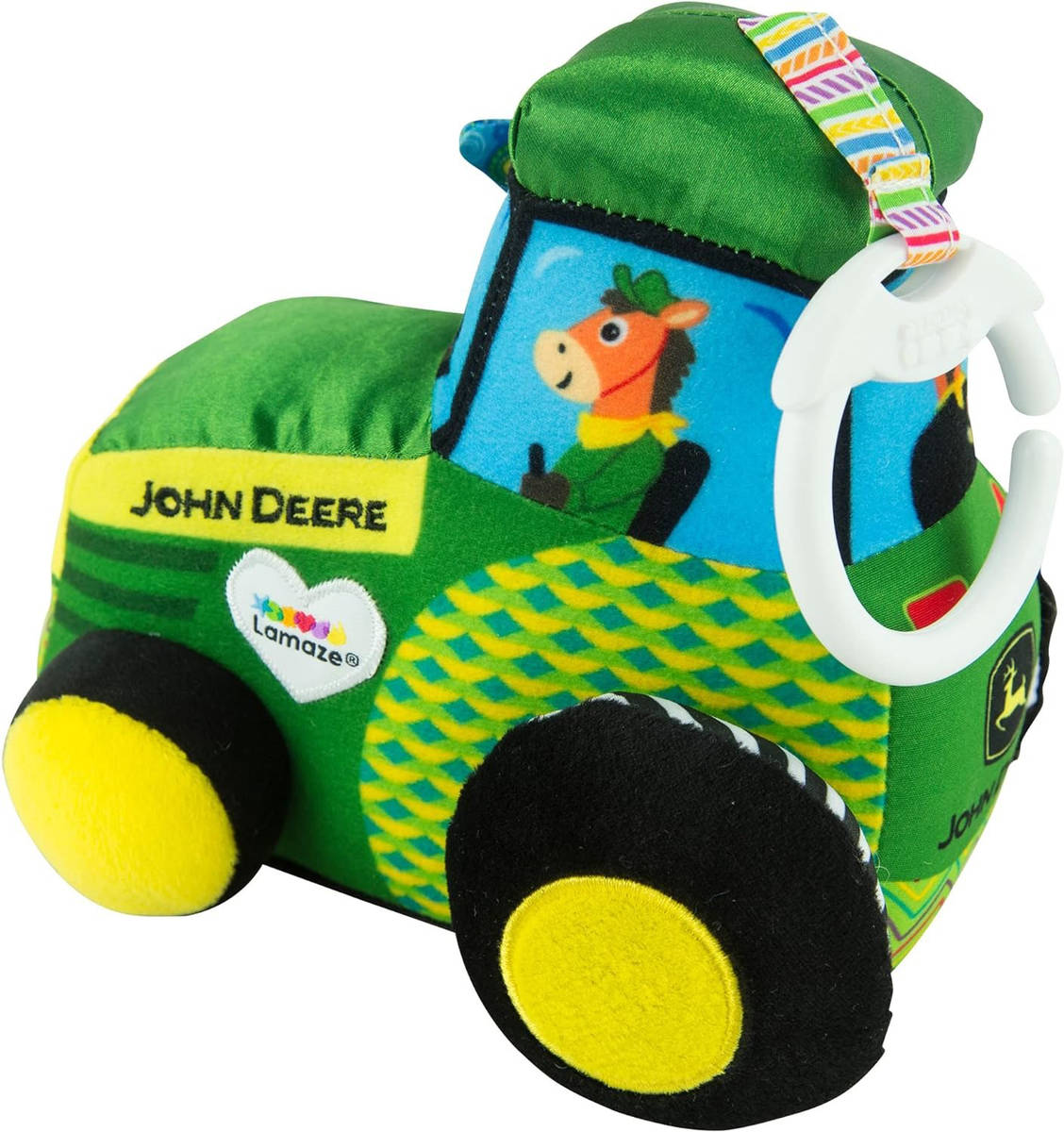 LAMAZE Traktor baby John Deere textilní závěsný s klipem pro miminko