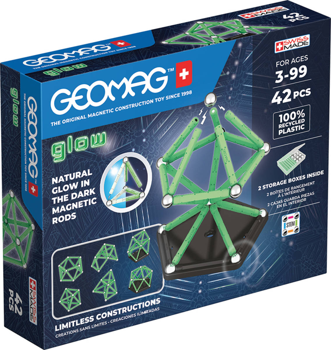 GEOMAG Glow 42 dílků ve tmě svítící Eko magnetická STAVEBNICE