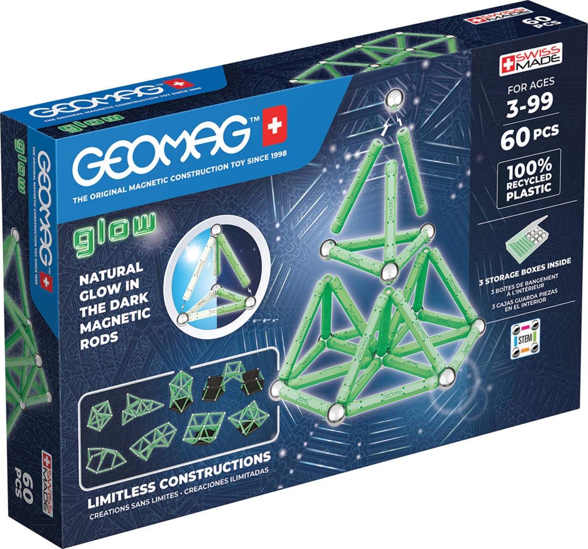 GEOMAG Glow 60 dílků ve tmě svítící Eko magnetická STAVEBNICE