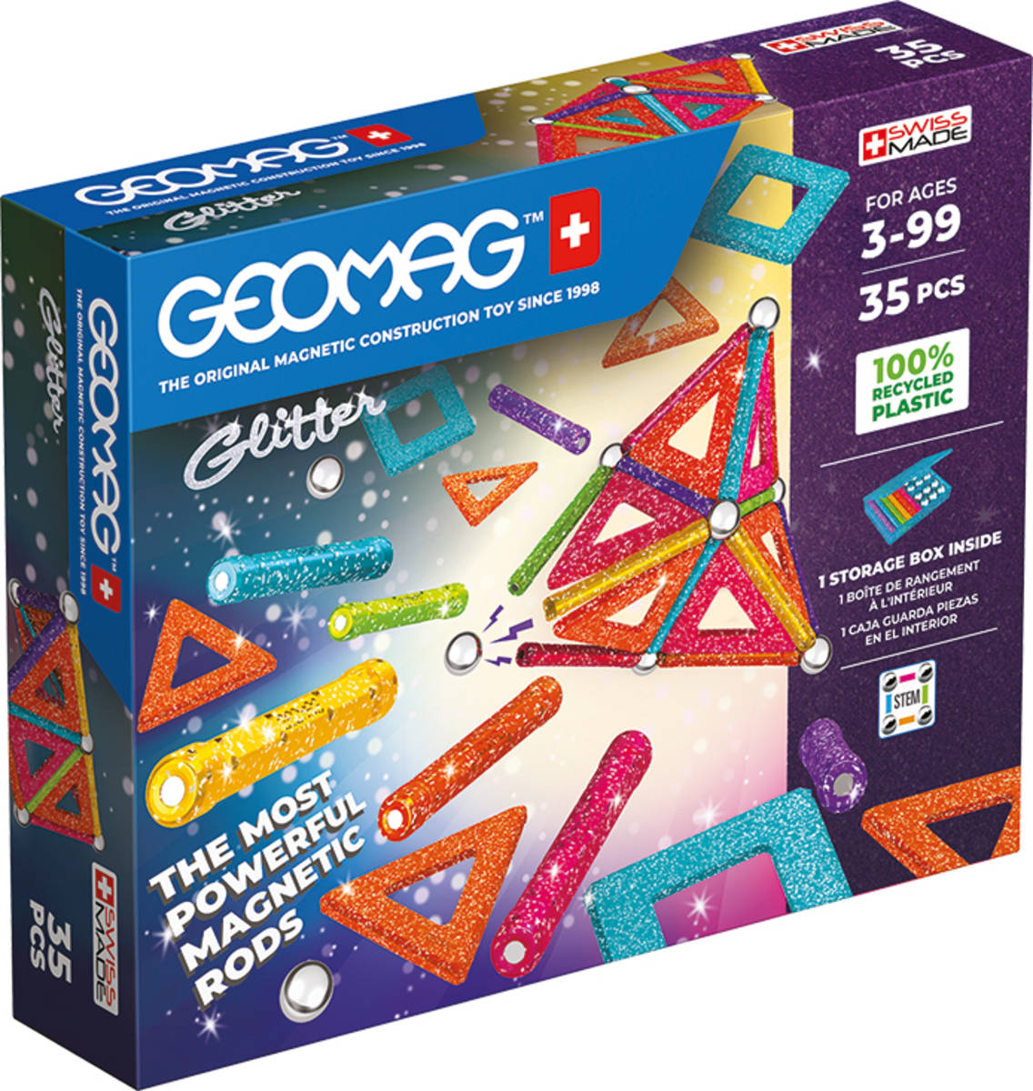 GEOMAG Glitter 35 dílků třpytivá Eko magnetická STAVEBNICE