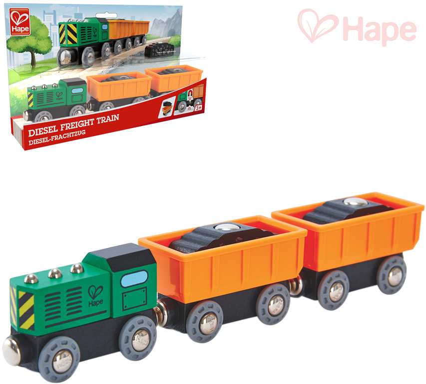 HAPE DŘEVO Vláček diesel nákladní set mašinka + 2 vagonky s nákladem