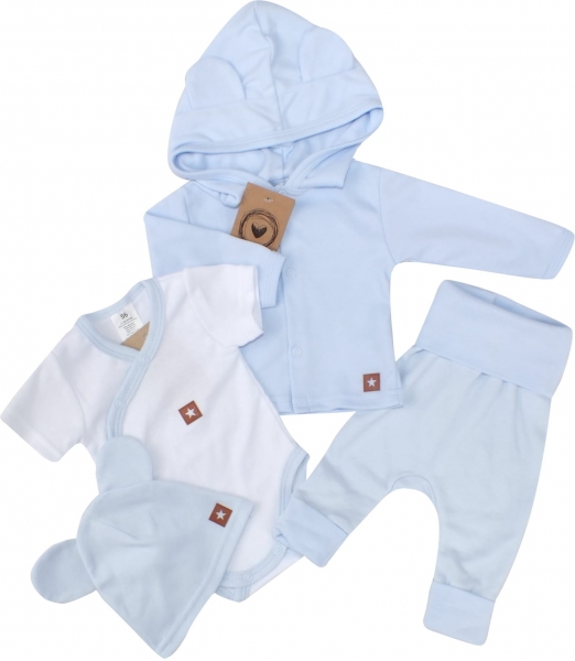 Novorozenecká sada 4D, body kr. rukáv, tepláčky, kabátek a čepička Z&amp;Z, modrá Velikost koj. oblečení: 56 (1-2m)
