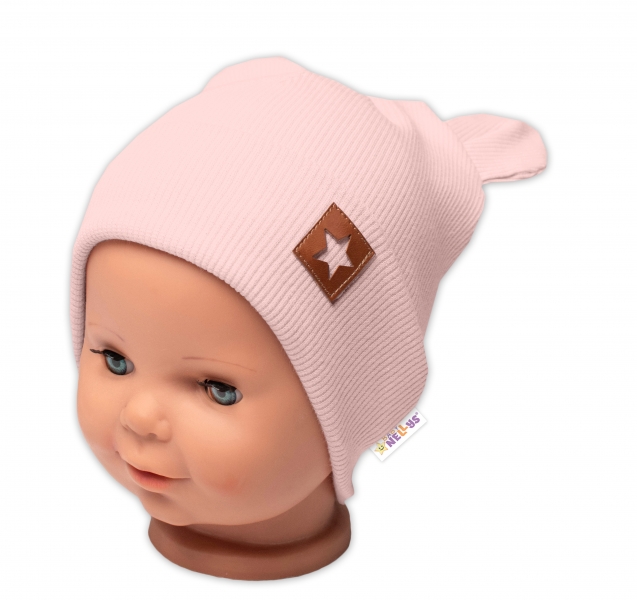 Baby Nellys Žebrovaná dvouvrstvá čepice s oušky TEDDY - pudrová Velikost koj. oblečení: 80-86 (12-18m)