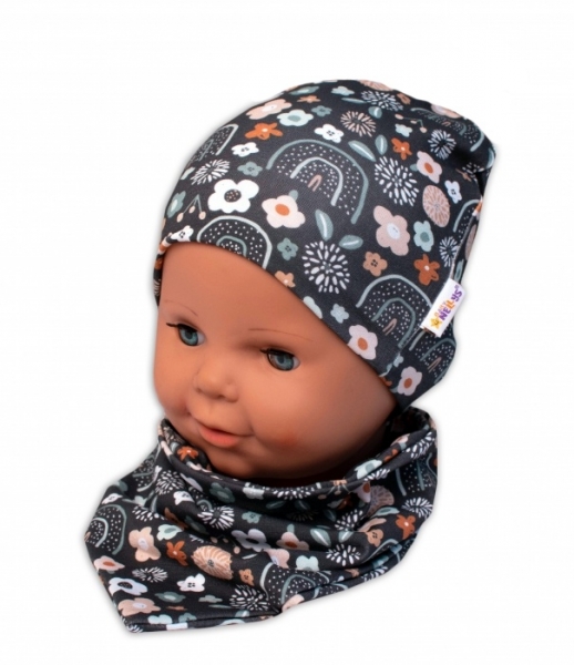 Baby Nellys Dvouvrstvá čepice + šátek Palouček, grafit, vel. 92/98 Velikost koj. oblečení: 92-98 (18-36m)