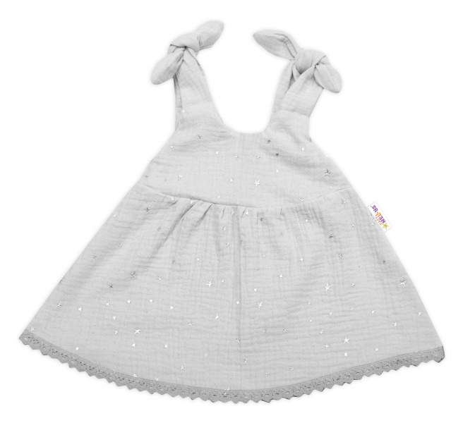 Baby Nellys Letní lehoučké mušelínové šaty Summer Stars - šedé Velikost koj. oblečení: 92-98 (18-36m)