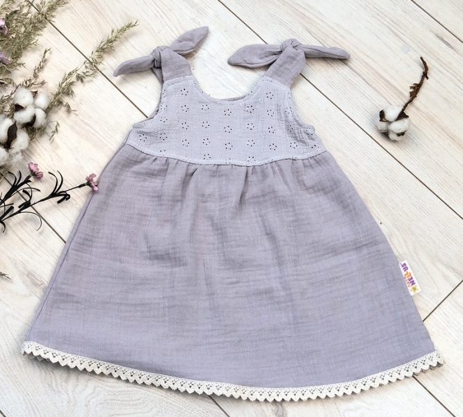 Baby Nellys Letní lehoučké mušelínové šaty Summer - šedé Velikost koj. oblečení: 92-98 (18-36m)