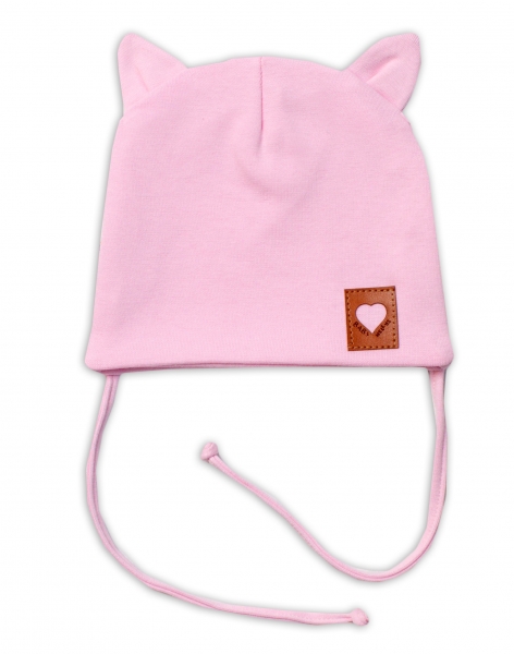 Baby Nellys Bavlněná dvouvrstvá čepice s oušky na zavazování FOX - růžová Velikost koj. oblečení: 68-74 (6-9m)
