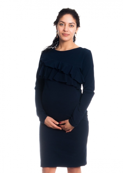 Be MaaMaa Těhotenské/kojící šaty s volánkem, dlouhý rukáv - granátové Velikosti těh. moda: XS (32-34)