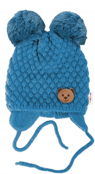 Zimní pletená čepice Teddy Bear na zavazování, modrá, Baby Nellys Velikost koj. oblečení: 56-68 (0-6 m)