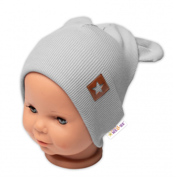 Baby Nellys Žebrovaná dvouvrstvá čepice s oušky TEDDY - šedá Velikost koj. oblečení: 80-86 (12-18m)