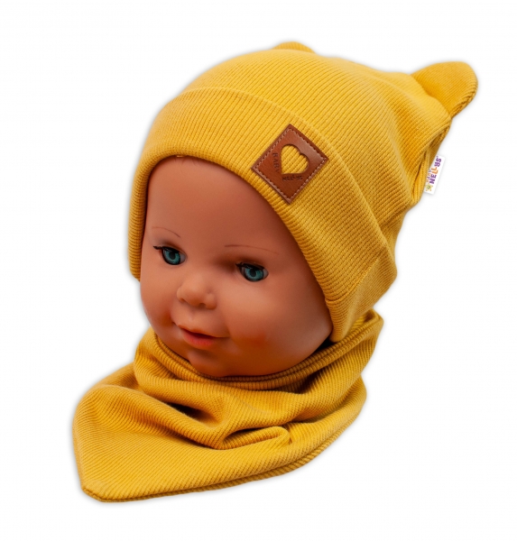 Baby Nellys Žebrovaná dvouvrstvá čepice s oušky + šátek TEDDY - hořčicová Velikost koj. oblečení: 92-98 (18-36m)