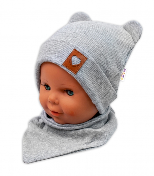 Baby Nellys Žebrovaná dvouvrstvá čepice s oušky + šátek TEDDY - šedý melír Velikost koj. oblečení: 80-86 (12-18m)