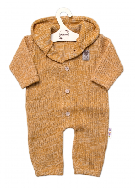 Baby Nellys Pletený overálek s kapucí a knoflíčky Hand Made, medový žihaný Velikost koj. oblečení: 56-62 (0-3m)