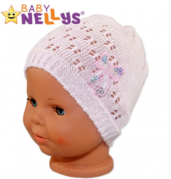 Háčkovaná čepička Mašle Baby Nellys ® - s flitry - sv. růžová Velikost koj. oblečení: 56-62 (0-3m)