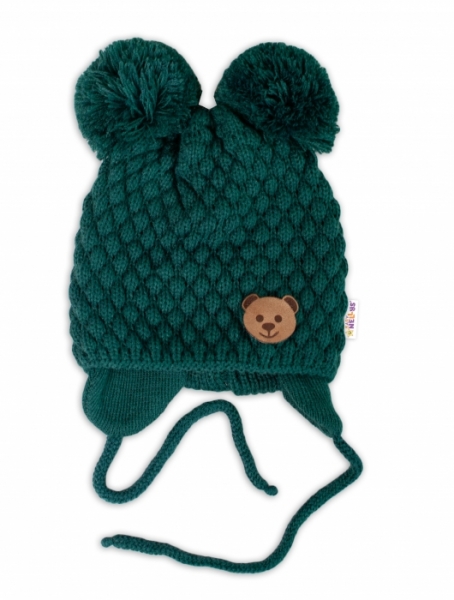 Zimní pletená čepice Teddy Bear na zavazování, zelená, Baby Nellys Velikost koj. oblečení: 56-68 (0-6 m)