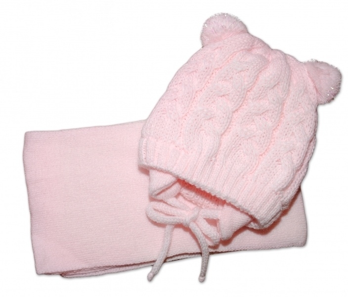 Zimní pletená kojenecká čepička s šálou TEDDY - sv. růžová, vel. 62/68 Velikost koj. oblečení: 62-68 (3-6m)
